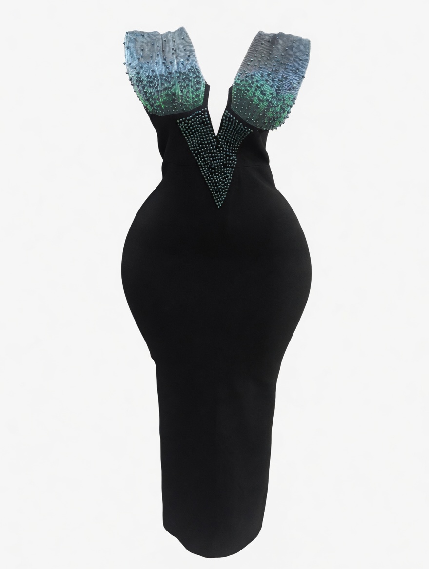 Black Bandage Dress with Iridescent Beaded Shoulders